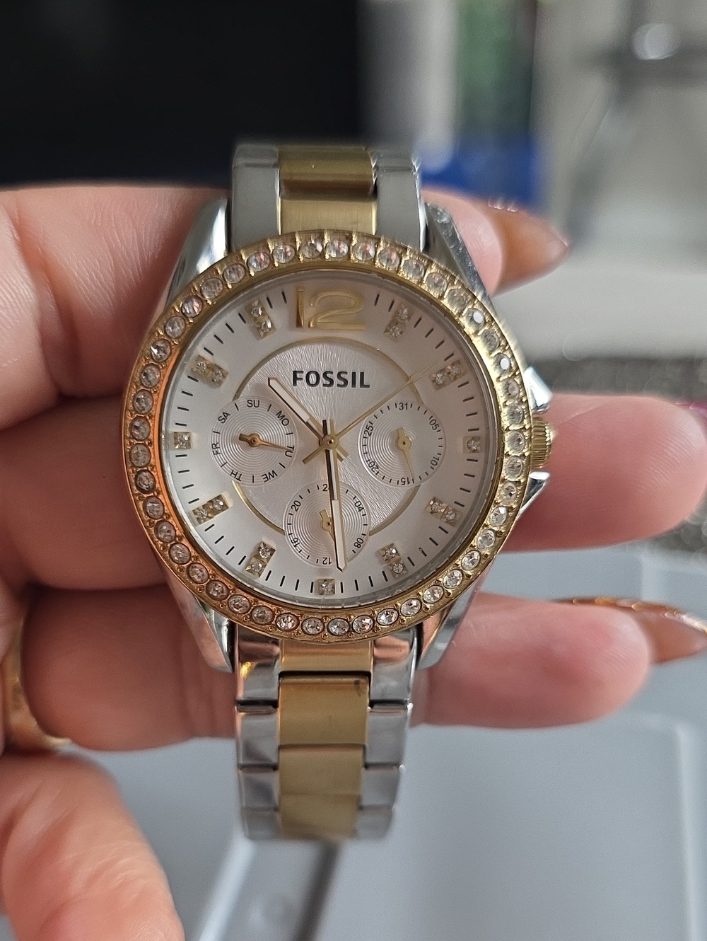 Fossil Two-Tone Gold and Silver Crystal Bezel Women's Watch